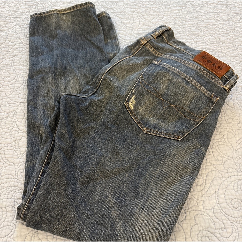 Polo Ralph Lauren 381 Mens 34x32 Dark Blue Jeans Distress Cotton Denim Nice Fade